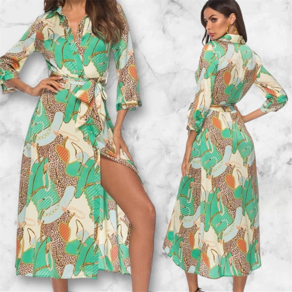 Samlink Animal Print shirt Dress with Green Cream XL multicolor patchwork